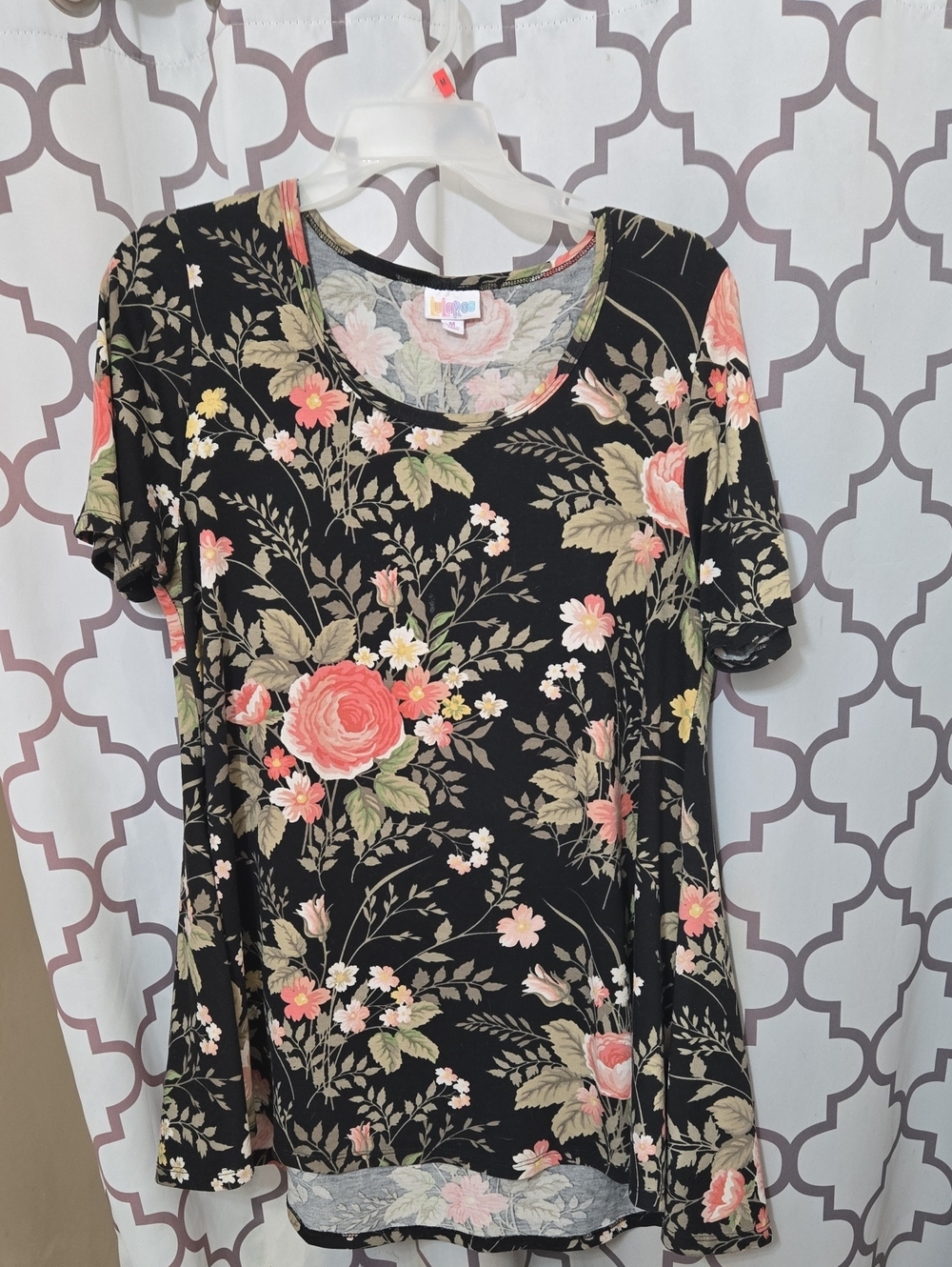LuLaRoe Black Short-Sleeve Tee with Pink & Green Rose Print